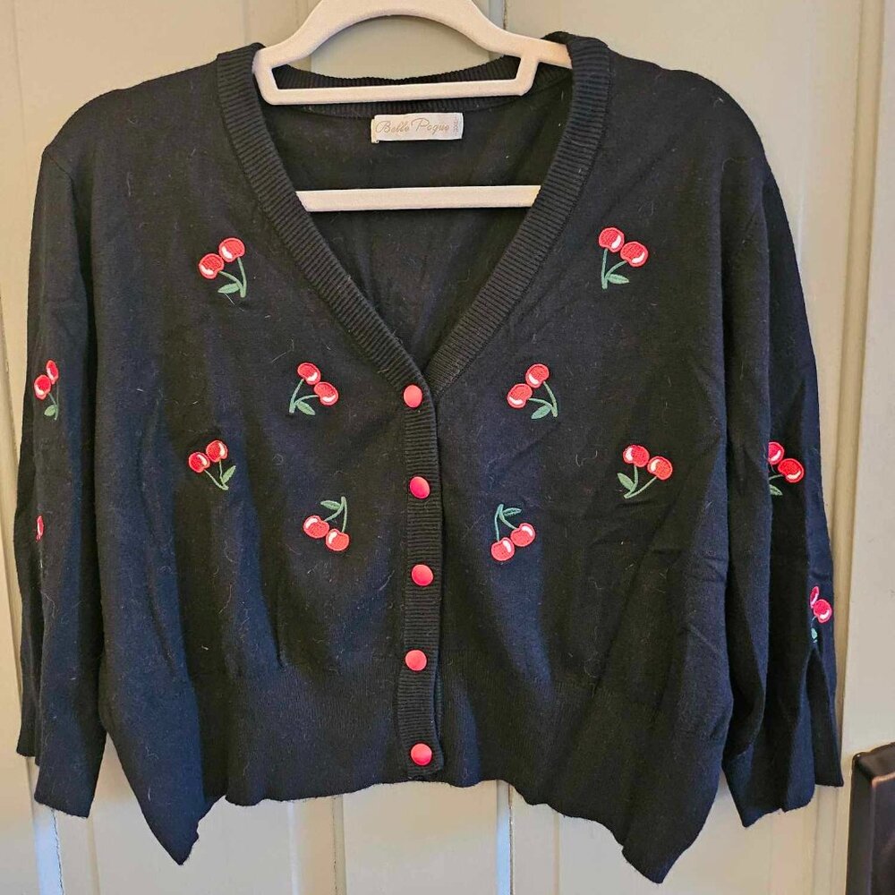 Cute cropped cardigan - black with red and green cherries